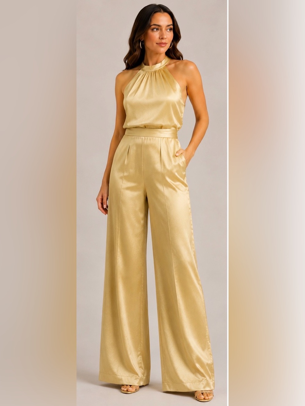 Gold Satin Halter Open Back Wide Leg Jumpsuit Size 8 NWT